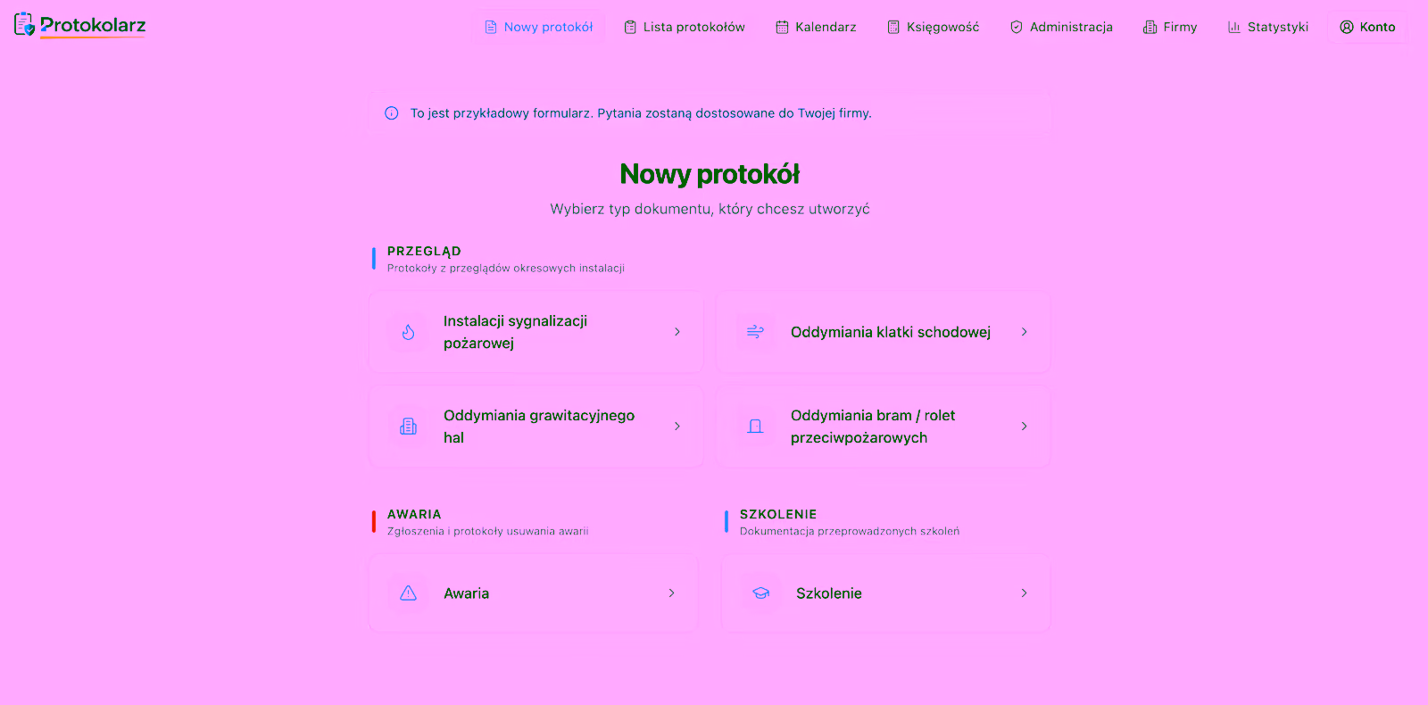 Protokolarz — wybór typu karty przeglądu (SSP, oddymianie, awaria, szkolenie)