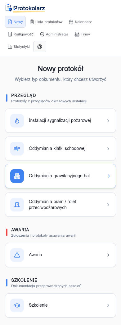 Aplikacja Protokolarz na telefonie — formularz nowego protokołu przeglądu SSP