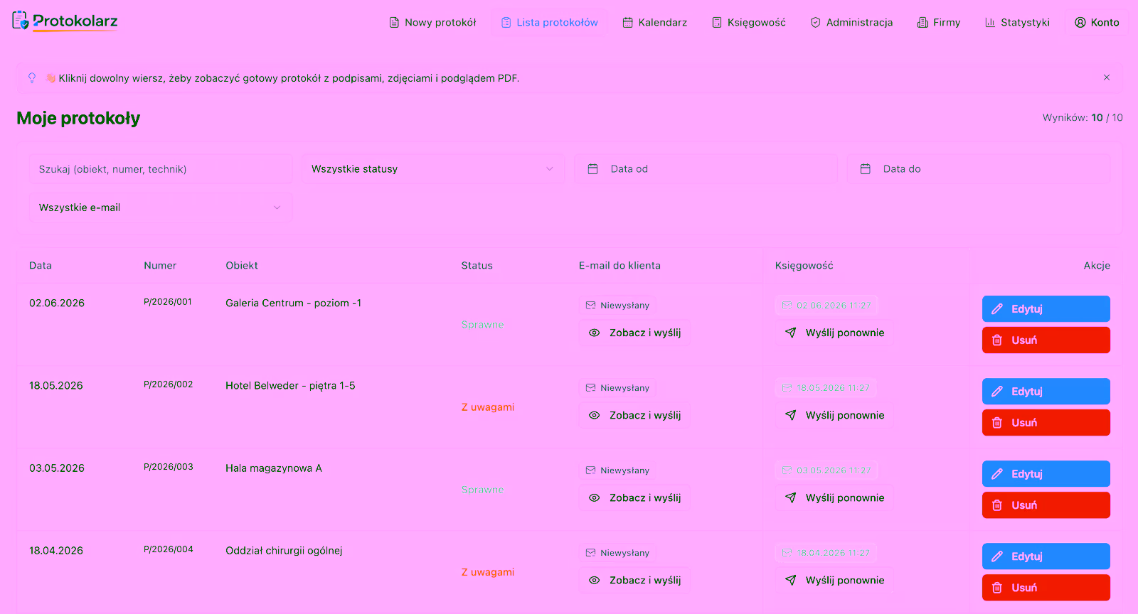 Lista kart przeglądu PPOŻ z filtrami i statusami