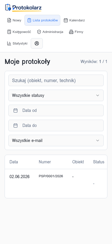 Lista protokołów przeglądów PPOŻ z filtrami i statusami